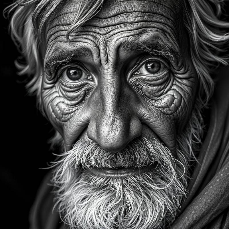 A black and white portrait of an elderly man with a weathered face.