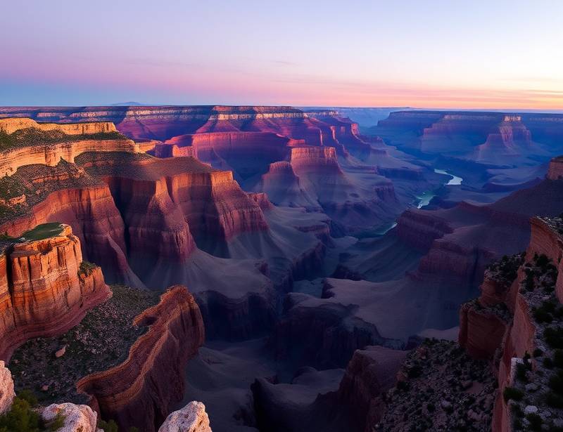 A dramatic landscape photo of the Grand Canyon at twilight.