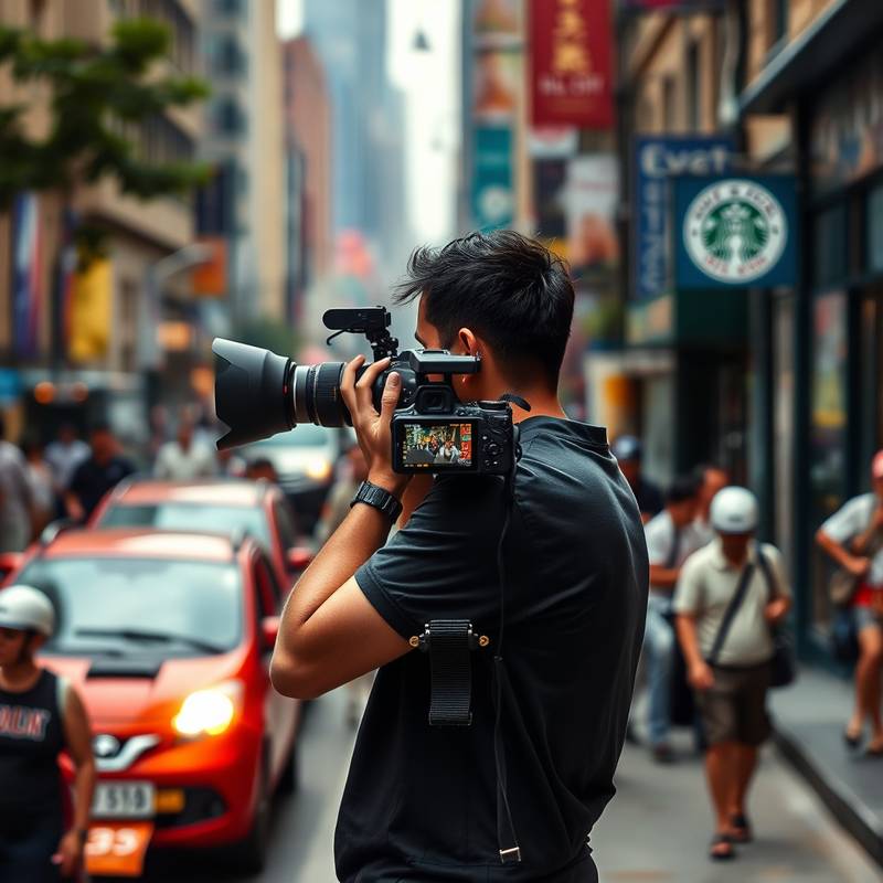 A photographer setting up a shot in a bustling city