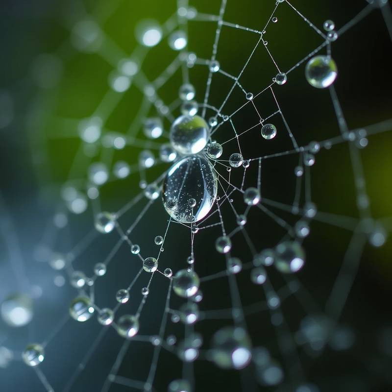 Abstract macro shot of water droplets on a spiderweb.