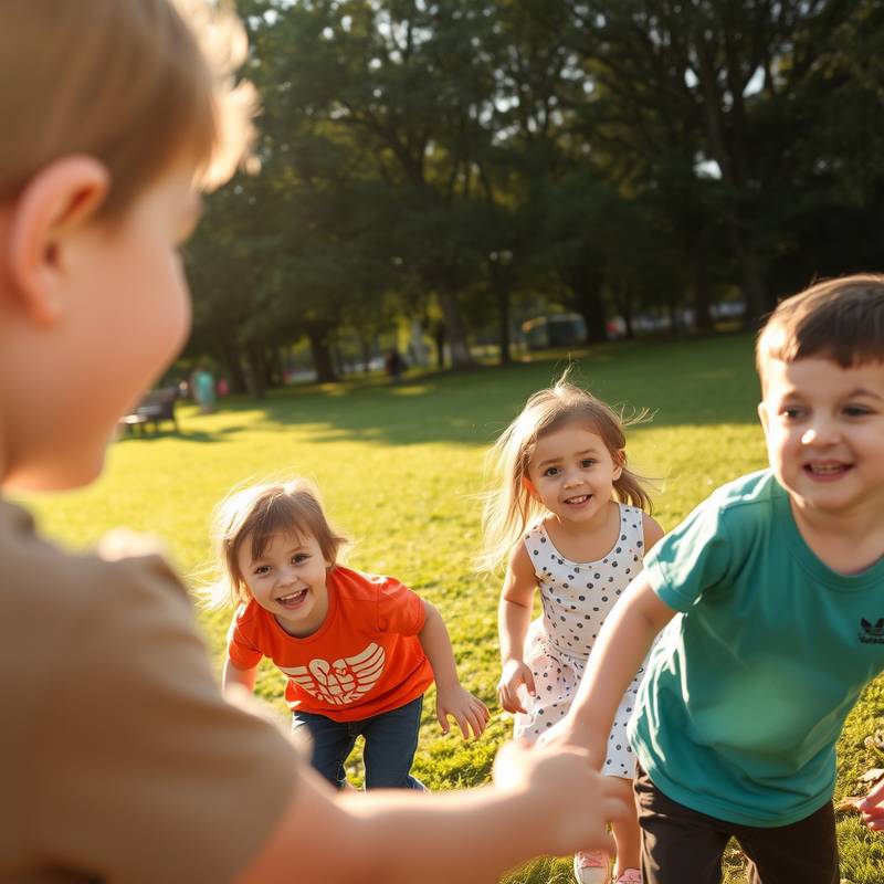 Candid shot of children playing in a park on a sunny day.