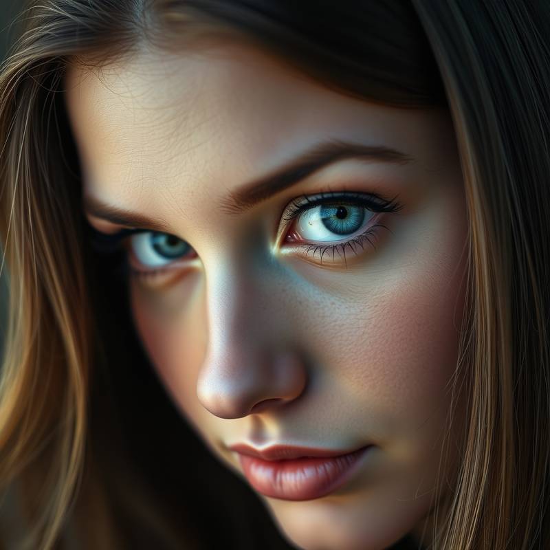 Close-up portrait of a woman with striking blue eyes.
