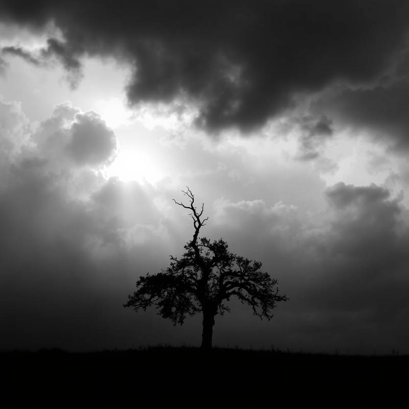 Monochrome image of a lone tree silhouetted against a stormy sky.
