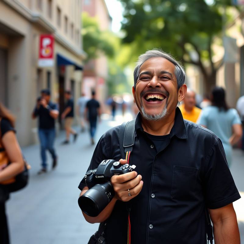 Portrait of Carlos Ramirez, a street photographer, laughing while holding his camera.