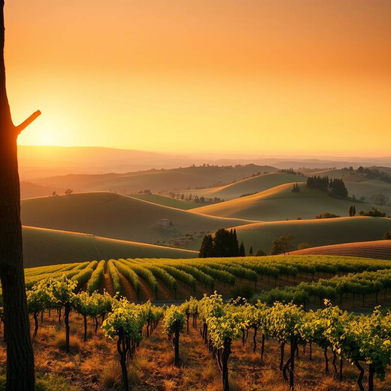 Rolling hills of Tuscany with vineyards stretching into the distance.
