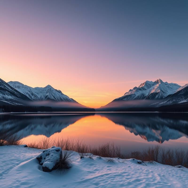 Snow-capped mountains reflecting in a serene lake at sunrise.
